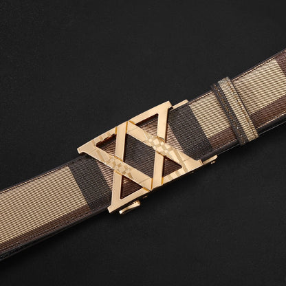 【#A281】Men's Check Pattern Belt With Hollow Diamond Geometric Automatic Buckle