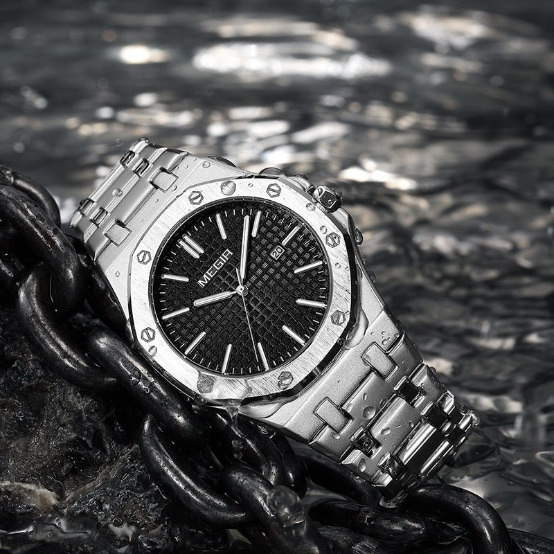 【#A282】Men's Quartz Watch, Octagonal Case, Grid Dial, Steel Strap With Date Display