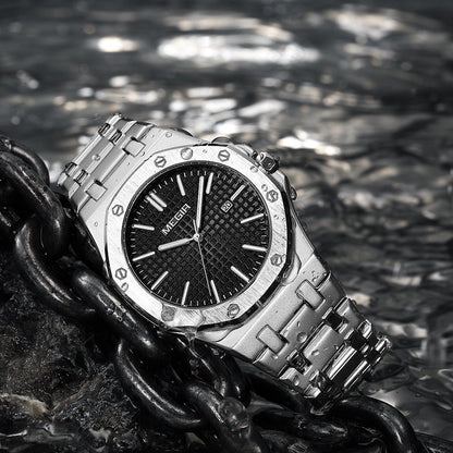 【#A282】Men's Quartz Watch, Octagonal Case, Grid Dial, Steel Strap With Date Display