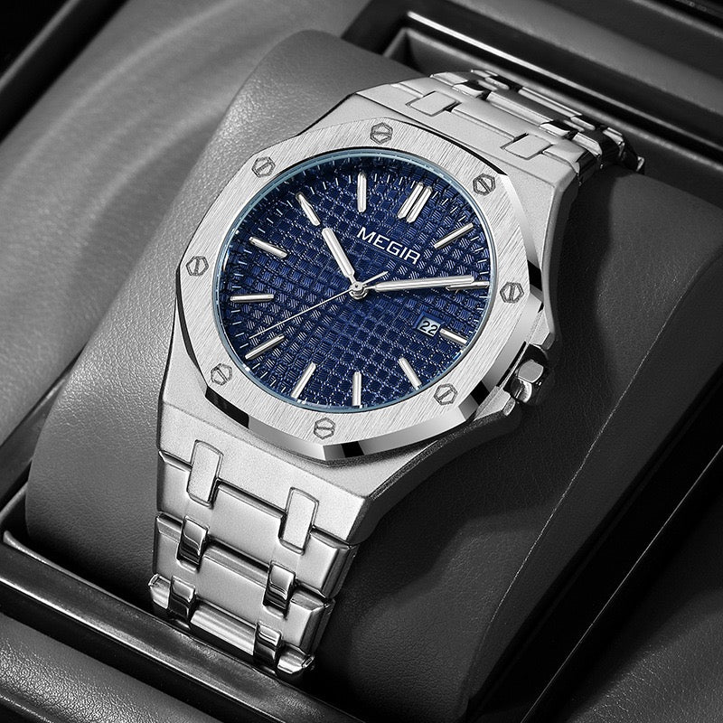 【#A282】Men's Quartz Watch, Octagonal Case, Grid Dial, Steel Strap With Date Display