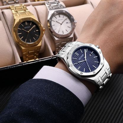 【#A282】Men's Quartz Watch, Octagonal Case, Grid Dial, Steel Strap With Date Display