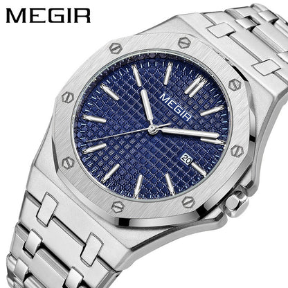 【#A282】Men's Quartz Watch, Octagonal Case, Grid Dial, Steel Strap With Date Display