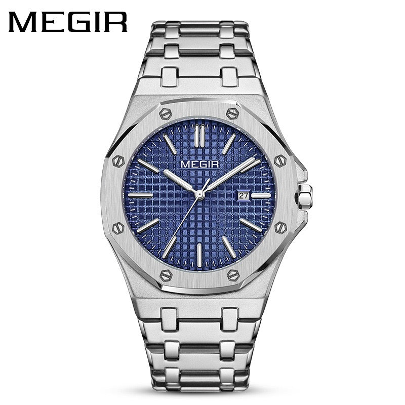 【#A282】Men's Quartz Watch, Octagonal Case, Grid Dial, Steel Strap With Date Display