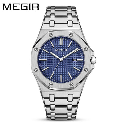 【#A282】Men's Quartz Watch, Octagonal Case, Grid Dial, Steel Strap With Date Display