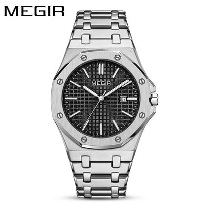 【#A282】Men's Quartz Watch, Octagonal Case, Grid Dial, Steel Strap With Date Display