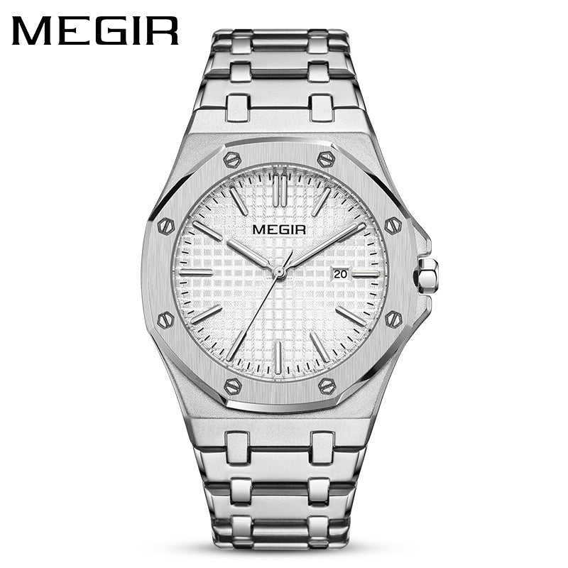 【#A282】Men's Quartz Watch, Octagonal Case, Grid Dial, Steel Strap With Date Display