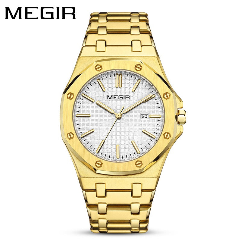 【#A282】Men's Quartz Watch, Octagonal Case, Grid Dial, Steel Strap With Date Display