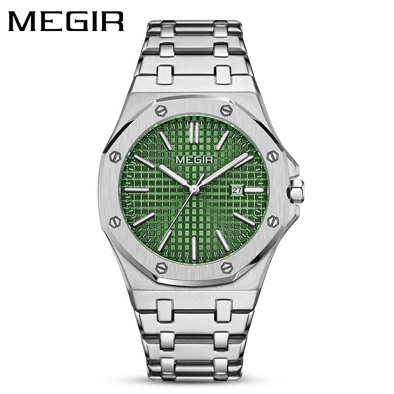 【#A282】Men's Quartz Watch, Octagonal Case, Grid Dial, Steel Strap With Date Display