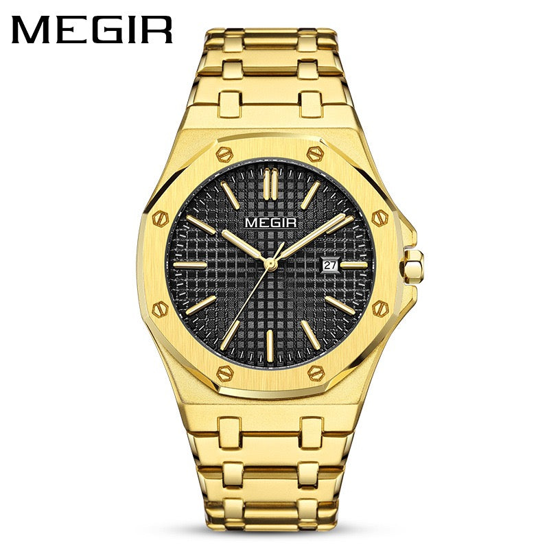 【#A282】Men's Quartz Watch, Octagonal Case, Grid Dial, Steel Strap With Date Display