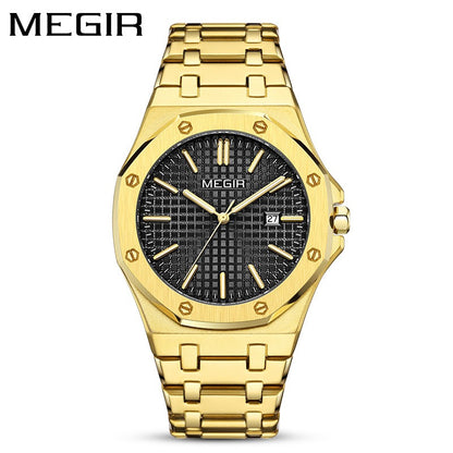 【#A282】Men's Quartz Watch, Octagonal Case, Grid Dial, Steel Strap With Date Display