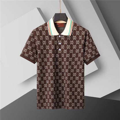 【#A283】All-Over Vintage Print Striped Collar Short Sleeve Polo Shirt