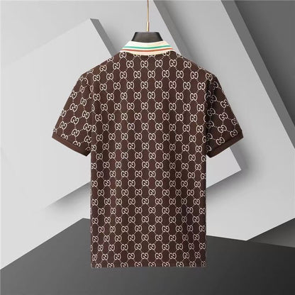 【#A283】All-Over Vintage Print Striped Collar Short Sleeve Polo Shirt