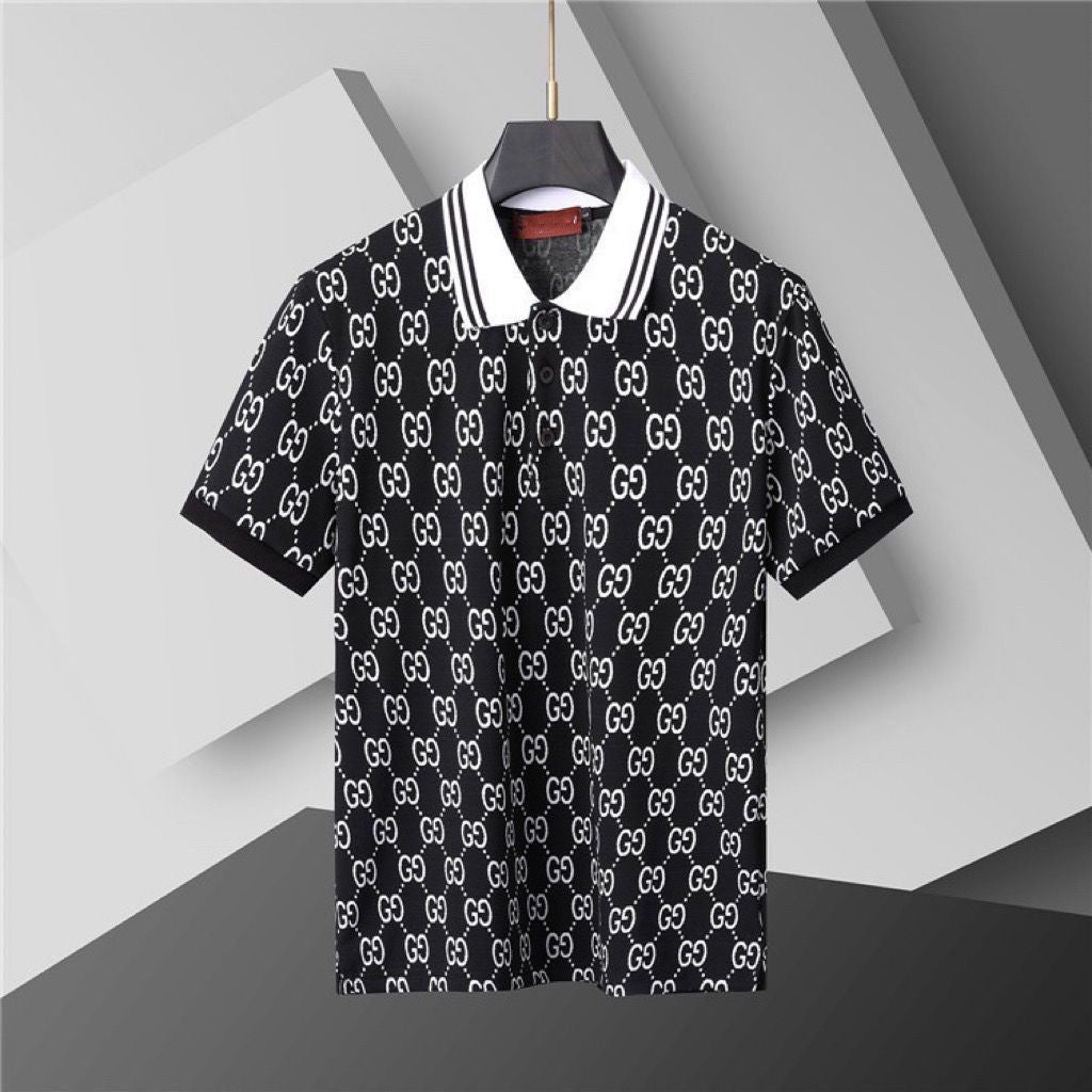 【#A283】All-Over Vintage Print Striped Collar Short Sleeve Polo Shirt