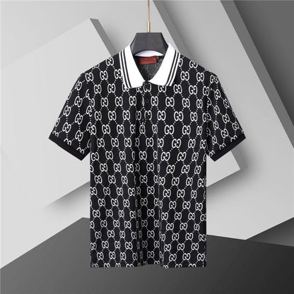 【#A283】All-Over Vintage Print Striped Collar Short Sleeve Polo Shirt