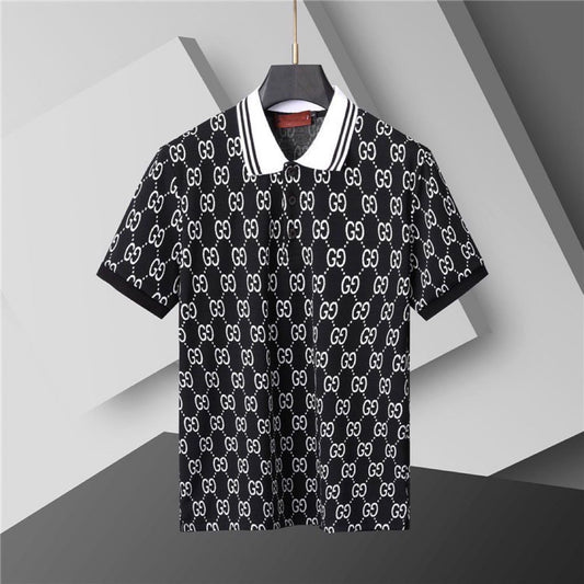 【#A283】All-Over Vintage Print Striped Collar Short Sleeve Polo Shirt