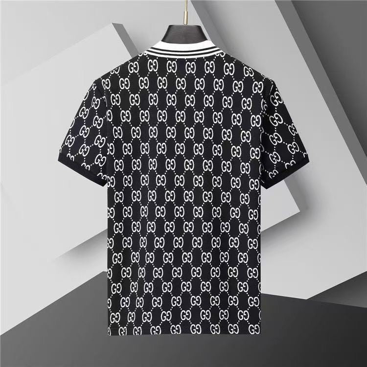 【#A283】All-Over Vintage Print Striped Collar Short Sleeve Polo Shirt