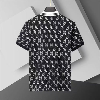 【#A283】All-Over Vintage Print Striped Collar Short Sleeve Polo Shirt