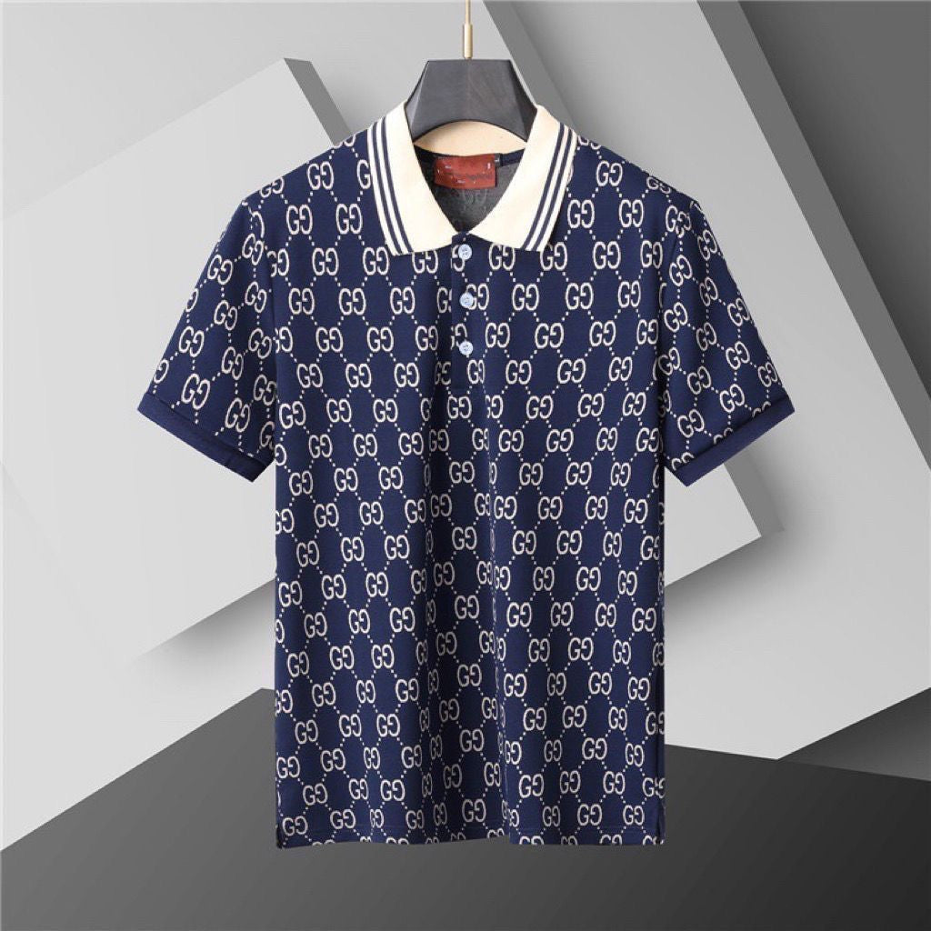 【#A283】All-Over Vintage Print Striped Collar Short Sleeve Polo Shirt