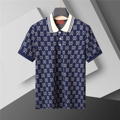 【#A283】All-Over Vintage Print Striped Collar Short Sleeve Polo Shirt