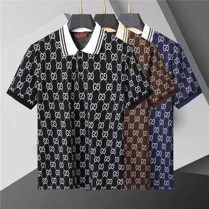 【#A283】All-Over Vintage Print Striped Collar Short Sleeve Polo Shirt