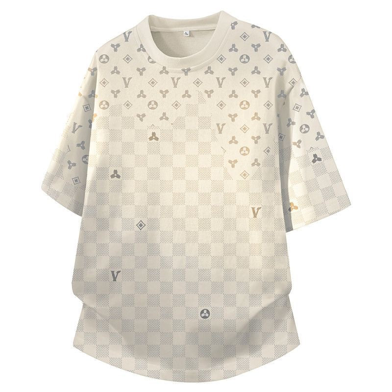 【#A285】Checkered All-Over Print Crew Neck T-Shirt With Curved Hem