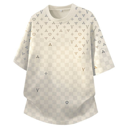 【#A285】Checkered All-Over Print Crew Neck T-Shirt With Curved Hem