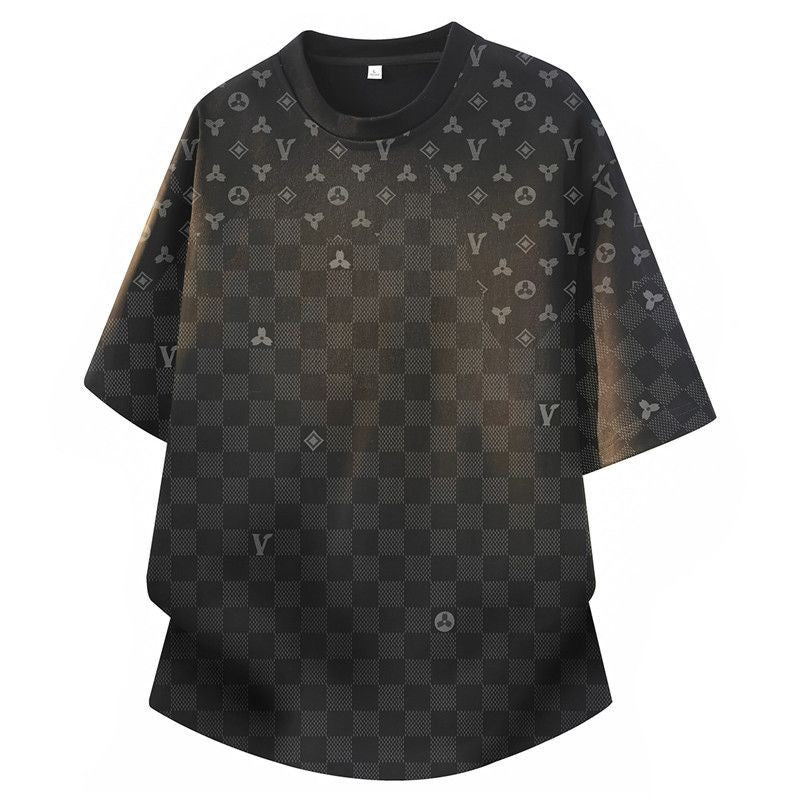 【#A285】Checkered All-Over Print Crew Neck T-Shirt With Curved Hem
