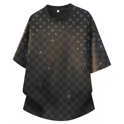 【#A285】Checkered All-Over Print Crew Neck T-Shirt With Curved Hem
