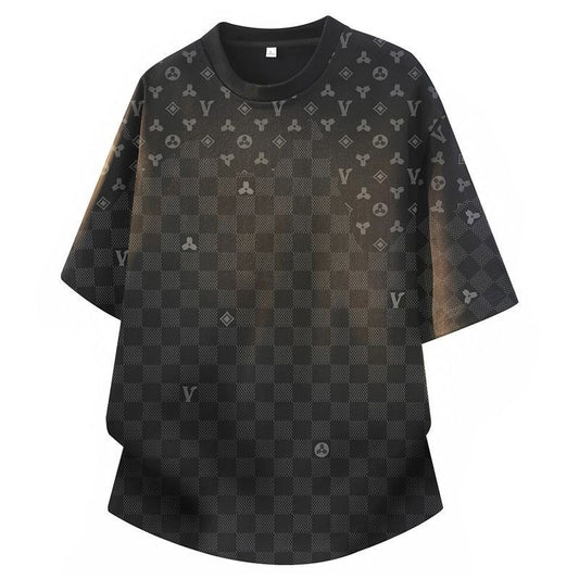 【#A285】Checkered All-Over Print Crew Neck T-Shirt With Curved Hem