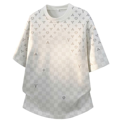 【#A285】Checkered All-Over Print Crew Neck T-Shirt With Curved Hem