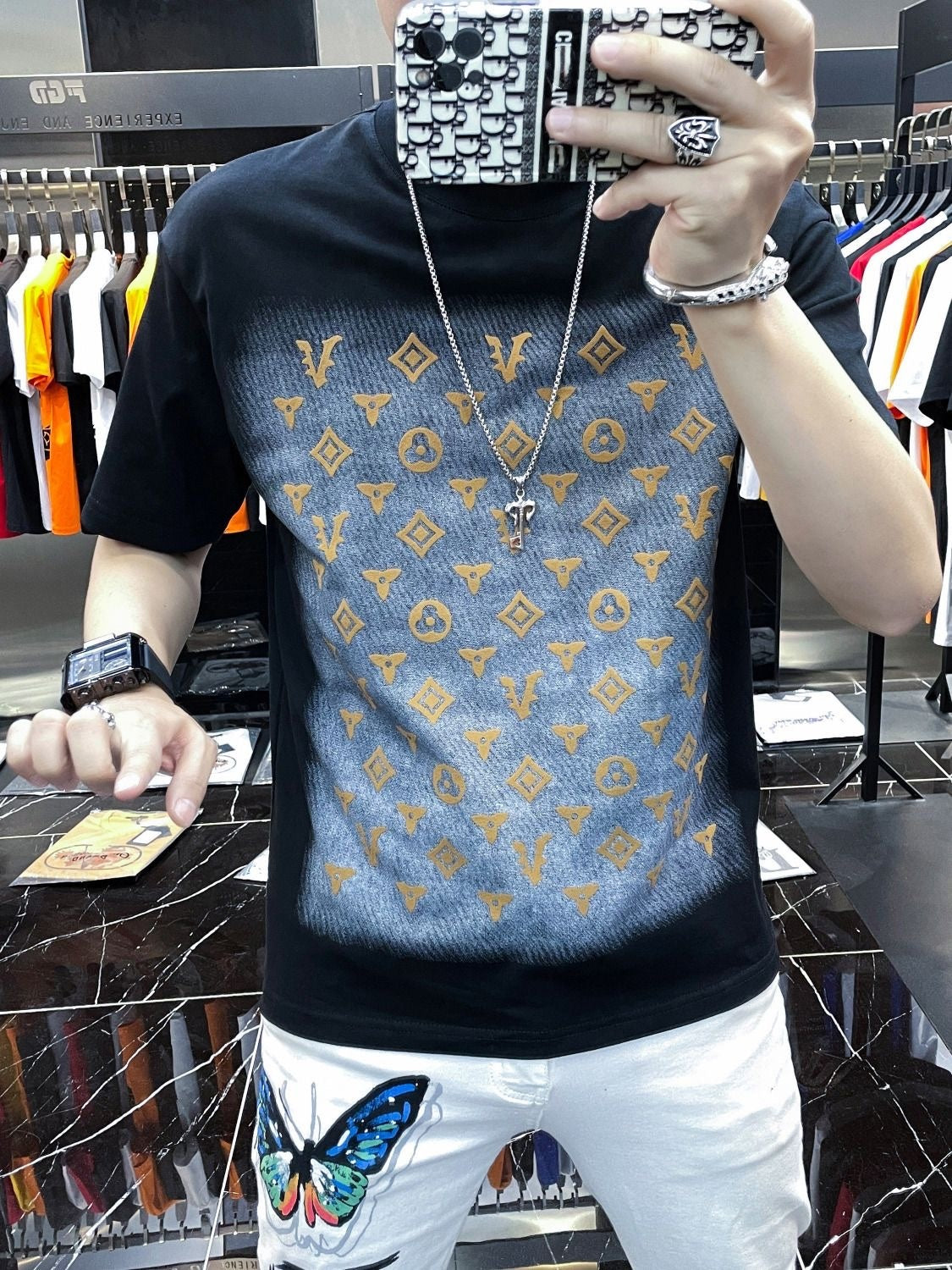 【#A286】Gradient Background Full-Print Geometric Motif Crew Neck Short Sleeve T-Shirt