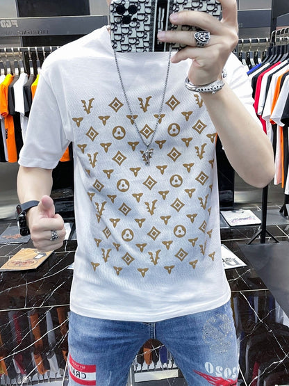 【#A286】Gradient Background Full-Print Geometric Motif Crew Neck Short Sleeve T-Shirt