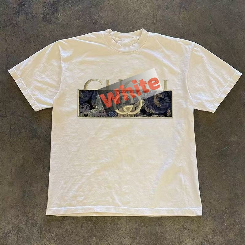 【#A287】Round Neck Short Sleeve T-Shirt With Spliced Vintage Print