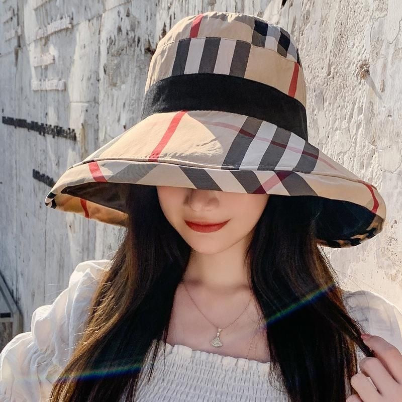 【#A290】Women's Plaid Wide Brim Bucket Hat, Foldable Sun Hat UV Protection Travel Beach Fisherman Cap
