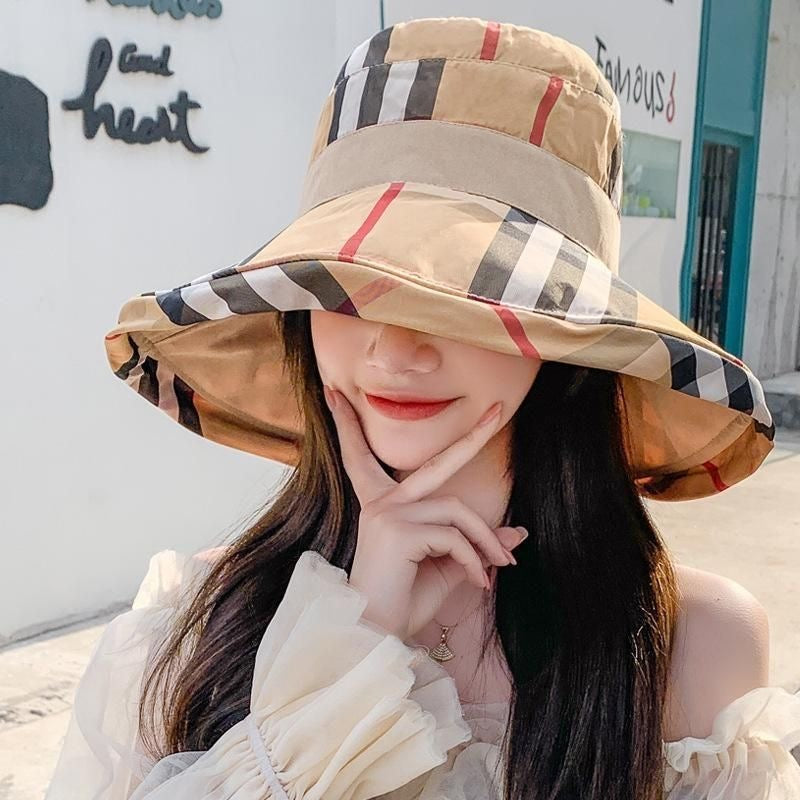 【#A290】Women's Plaid Wide Brim Bucket Hat, Foldable Sun Hat UV Protection Travel Beach Fisherman Cap