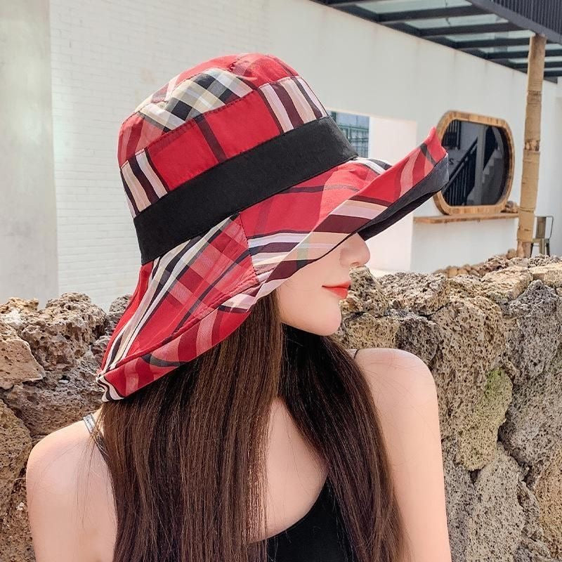 【#A290】Women's Plaid Wide Brim Bucket Hat, Foldable Sun Hat UV Protection Travel Beach Fisherman Cap