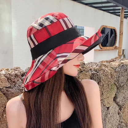 【#A290】Women's Plaid Wide Brim Bucket Hat, Foldable Sun Hat UV Protection Travel Beach Fisherman Cap