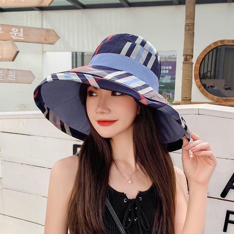 【#A290】Women's Plaid Wide Brim Bucket Hat, Foldable Sun Hat UV Protection Travel Beach Fisherman Cap