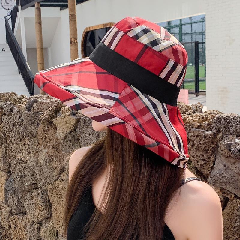 【#A290】Women's Plaid Wide Brim Bucket Hat, Foldable Sun Hat UV Protection Travel Beach Fisherman Cap