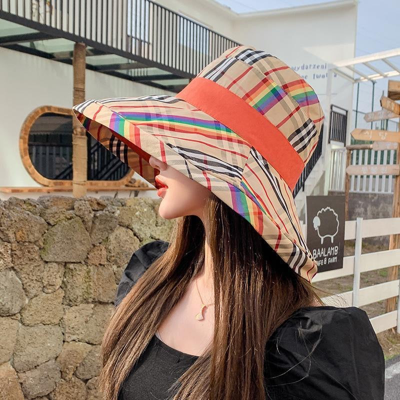 【#A290】Women's Plaid Wide Brim Bucket Hat, Foldable Sun Hat UV Protection Travel Beach Fisherman Cap