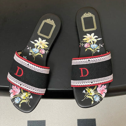 【#A291】Women's Floral Printed Slide Sandals, Embroidered Letter D Flat Non-Slip Outdoor Slippers