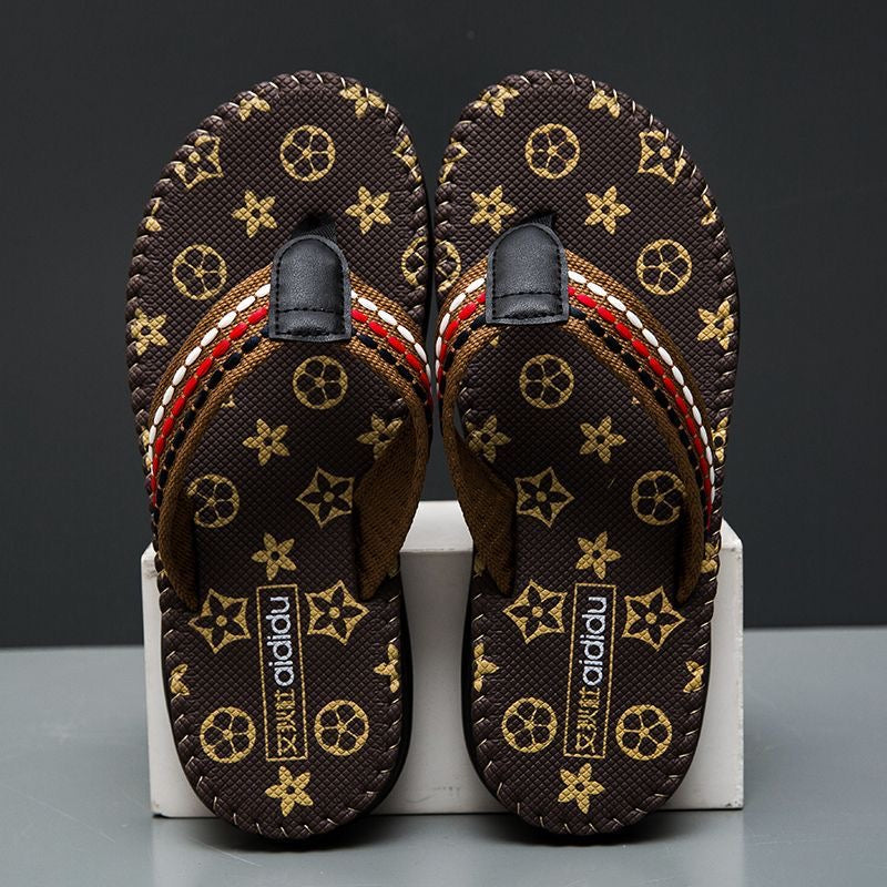 【#A292】Men's Vintage Print Flip Flops, Woven Strap Non-Slip Thick Sole Beach Slippers