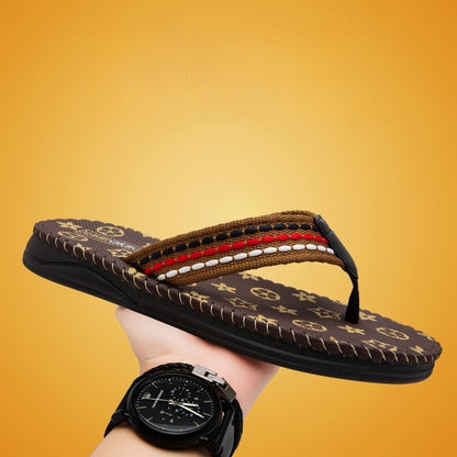 【#A292】Men's Vintage Print Flip Flops, Woven Strap Non-Slip Thick Sole Beach Slippers