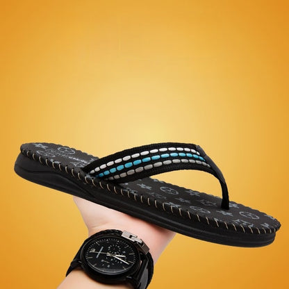 【#A292】Men's Vintage Print Flip Flops, Woven Strap Non-Slip Thick Sole Beach Slippers