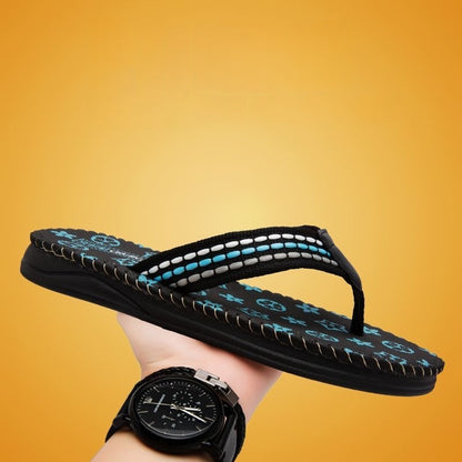 【#A292】Men's Vintage Print Flip Flops, Woven Strap Non-Slip Thick Sole Beach Slippers