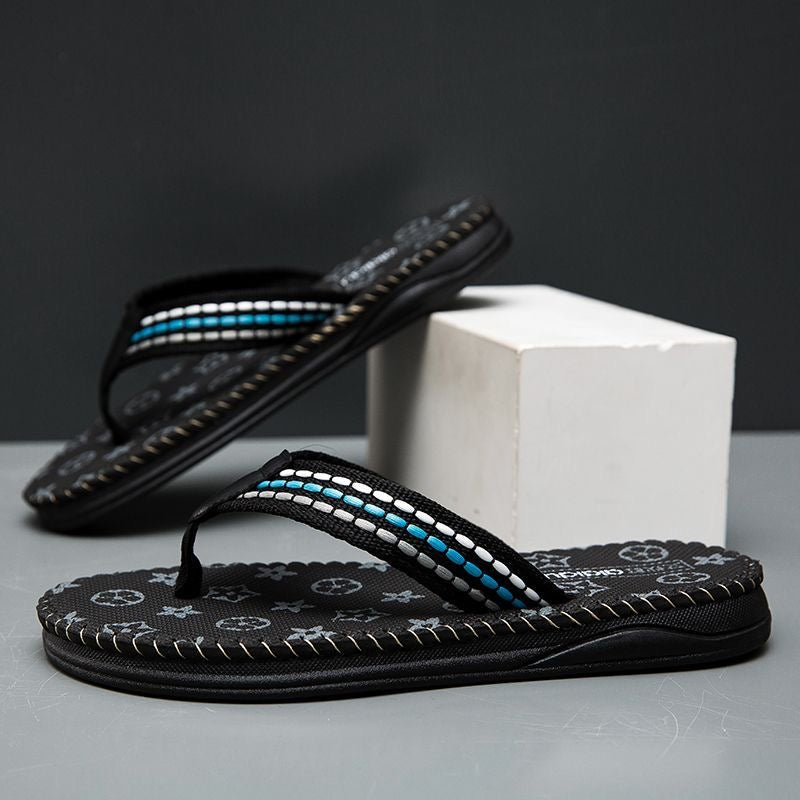 【#A292】Men's Vintage Print Flip Flops, Woven Strap Non-Slip Thick Sole Beach Slippers