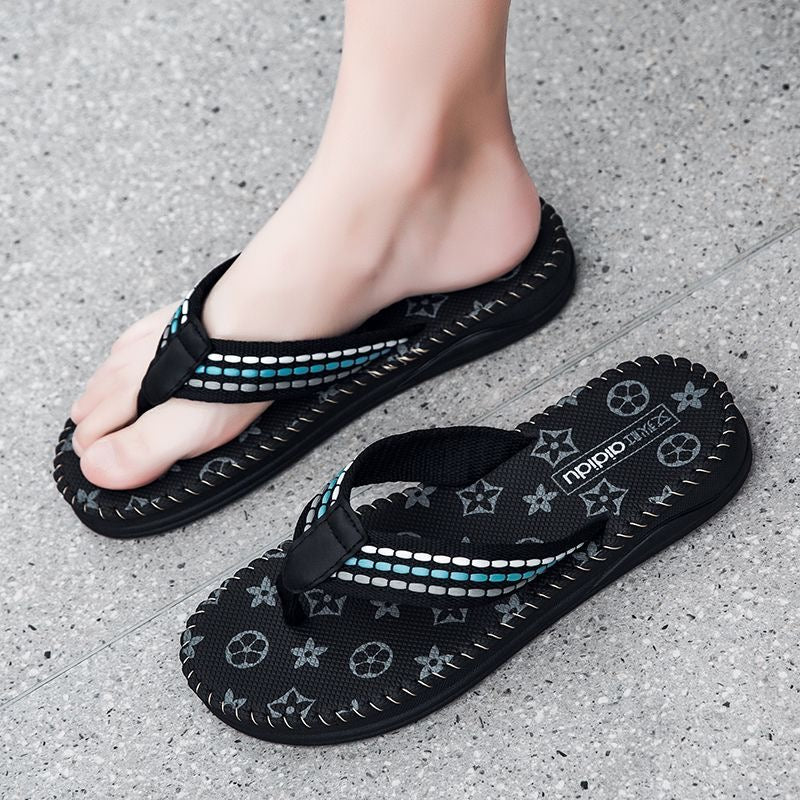 【#A292】Men's Vintage Print Flip Flops, Woven Strap Non-Slip Thick Sole Beach Slippers
