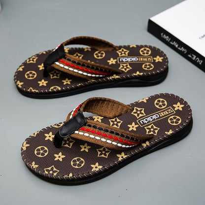 【#A292】Men's Vintage Print Flip Flops, Woven Strap Non-Slip Thick Sole Beach Slippers