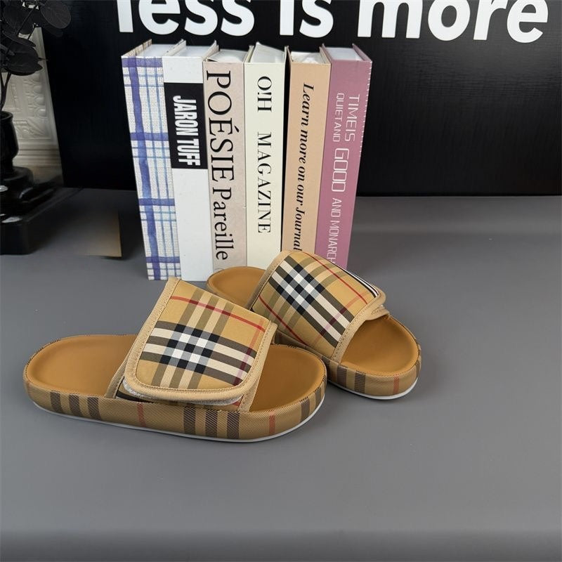 【#A293】Unisex Vintage Plaid Slide Sandals, Adjustable Velcro Strap Non-Slip Platform Open Toe Slippers for Couple
