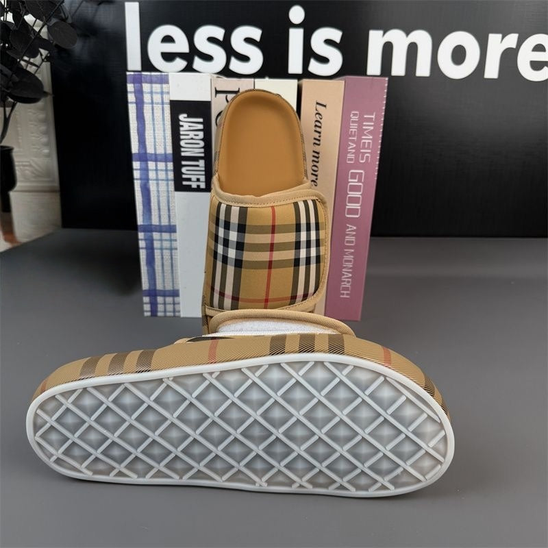 【#A293】Unisex Vintage Plaid Slide Sandals, Adjustable Velcro Strap Non-Slip Platform Open Toe Slippers for Couple